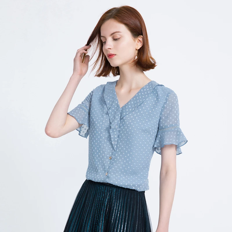 【粉丝专享】FINITY 夏装新款衬衫港风波点短款上衣女 F21UC7132C