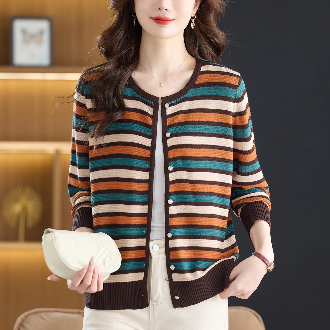 女士秋装条纹针织开衫宽松休闲短款女装2025新款妈妈毛衣外套洋气
