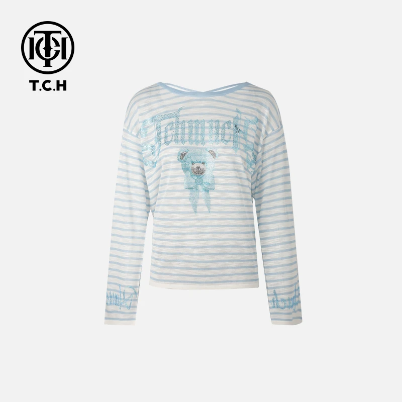 下架-TCH私服烫钻工艺时尚休闲百搭舒适针织T恤女T75B09E5035