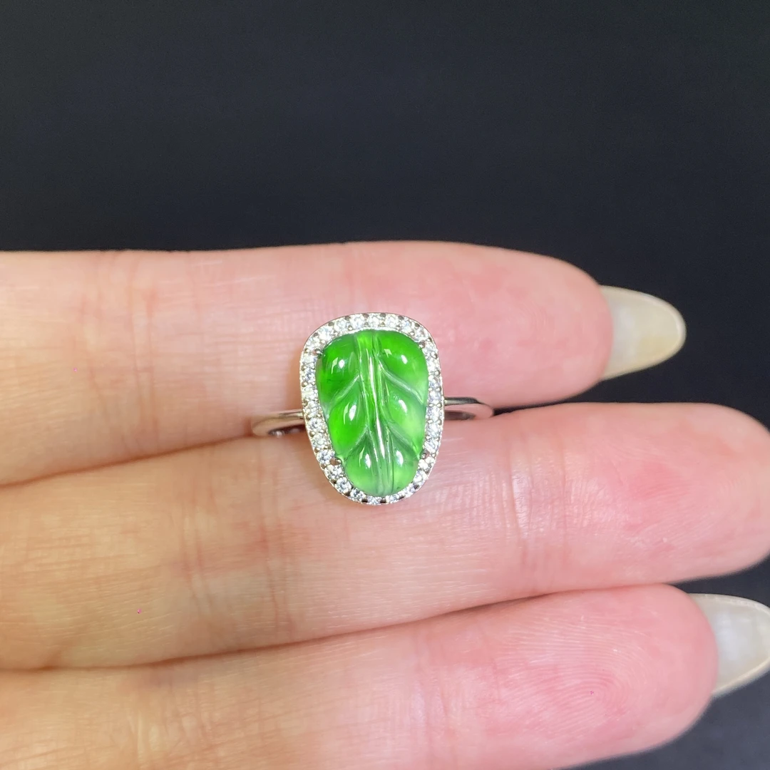 天然A货翡翠树叶戒指