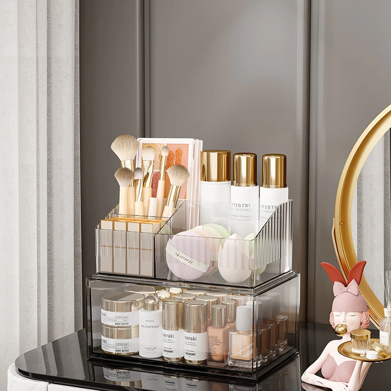 桌面收纳盒化妆品置物架学生宿舍杂物储物整理神器透明抽屉收纳盒