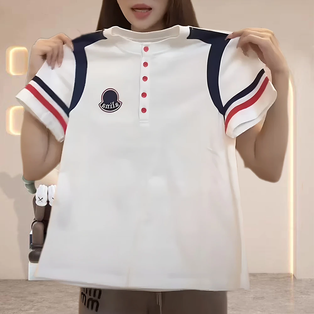 纯棉春游出行衣服2025夏季短袖t恤刺绣条纹高级半开领夏季时尚T恤