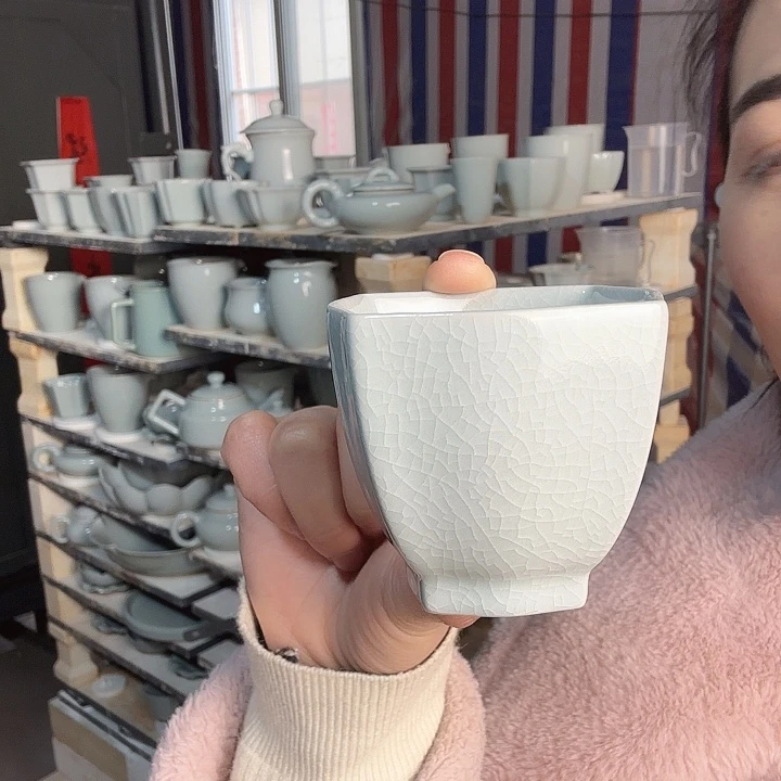 瓷片汝瓷四方杯支钉烧仿古月白釉开播福利