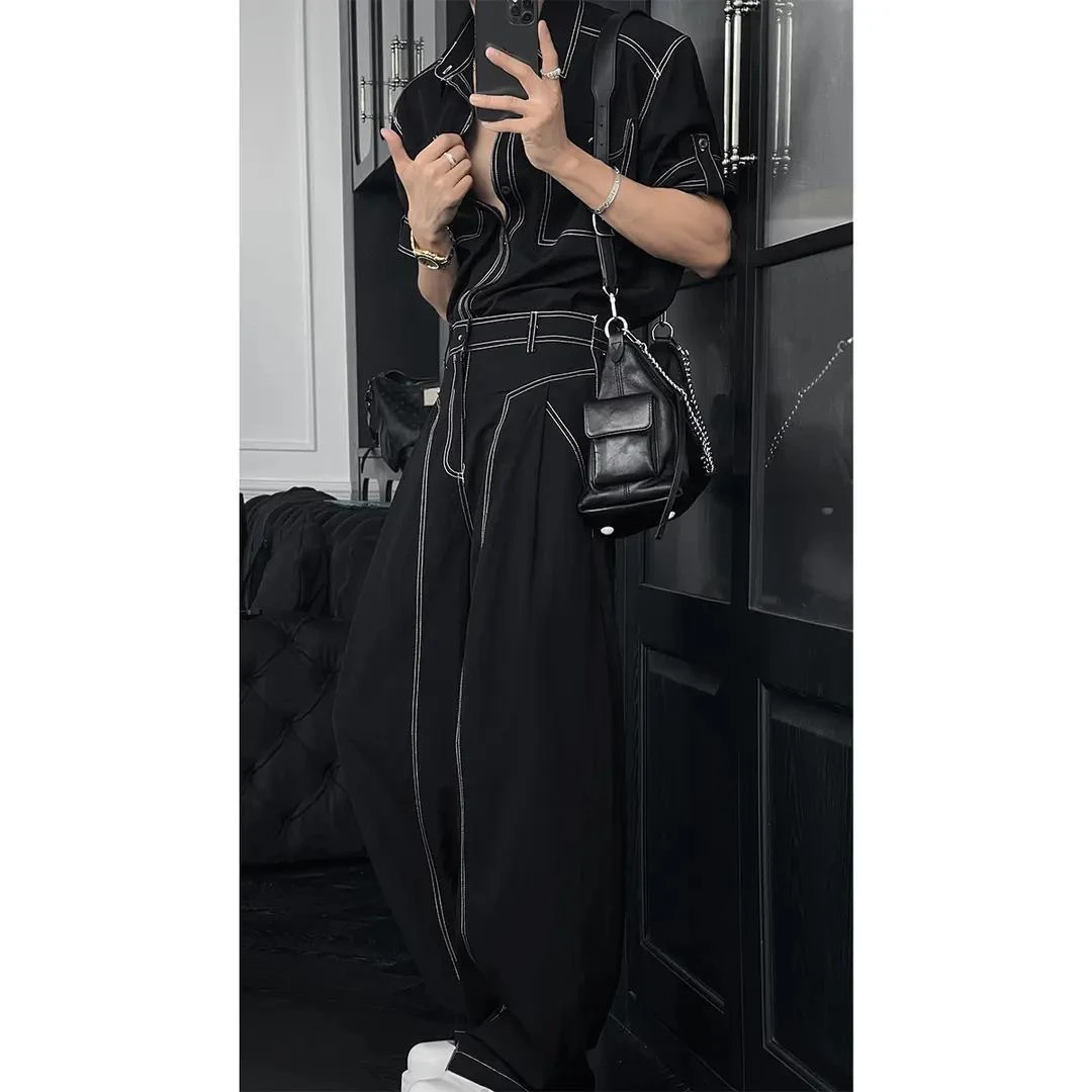 【龙叨同款】夏季新款复古工装口袋明线设计感百搭衬衫宽松长裤套装