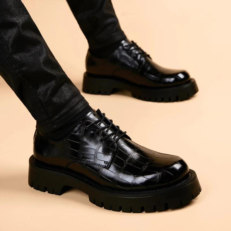 EAEOVNI厚底皮鞋男英伦潮商务正装鞋发型师男鞋大头圆头休闲皮鞋