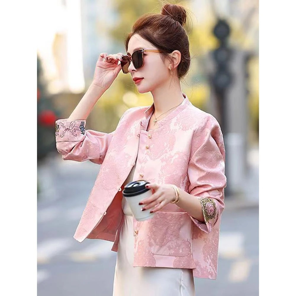 新中式国风春秋粉色外套女士2025新款开春穿搭短款百搭小香风上衣
