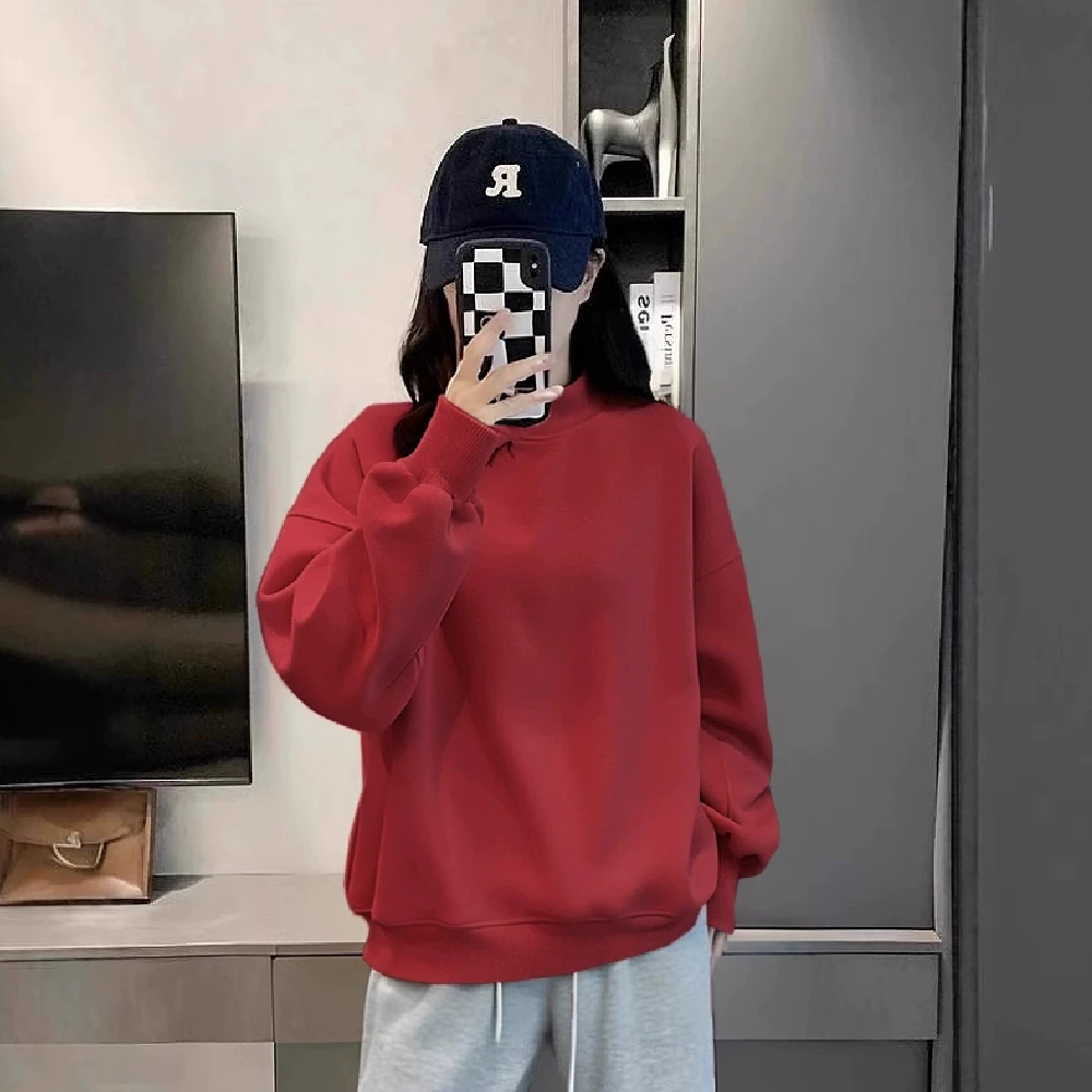 秋冬新款半高领长袖宽松时尚清新打底减龄基础款加绒纯色棉质卫衣