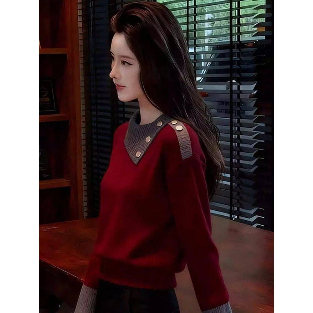 2026新款秋冬高级感撞色翻领针织毛衣女洋气短款小个子打底衫上衣