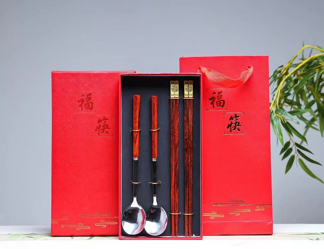 印度小叶紫檀红福双筷勺礼盒家用