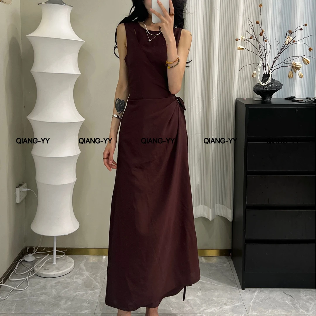 QIANG-YY长裙高个显瘦超长连衣裙设计感收腰系带时尚复古长款356