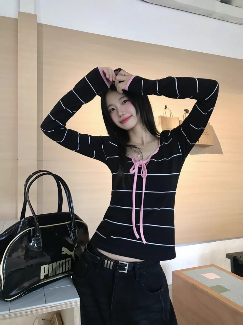 DXSE美式复古长袖打底衫女早秋独特条纹t恤黑色巨好看的修身上衣