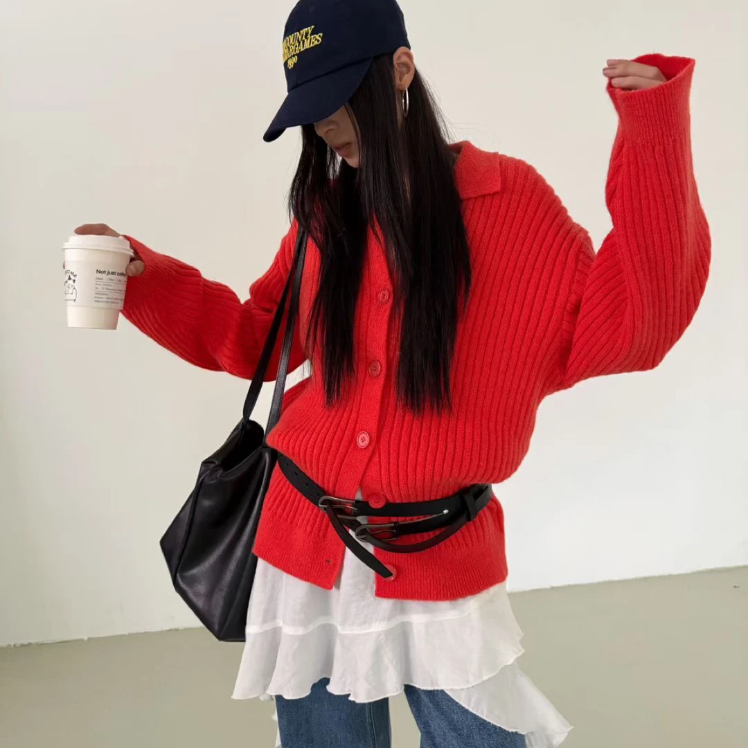 常规款宽松型翻领开衫款衫毛衣纯色开衫秋冬