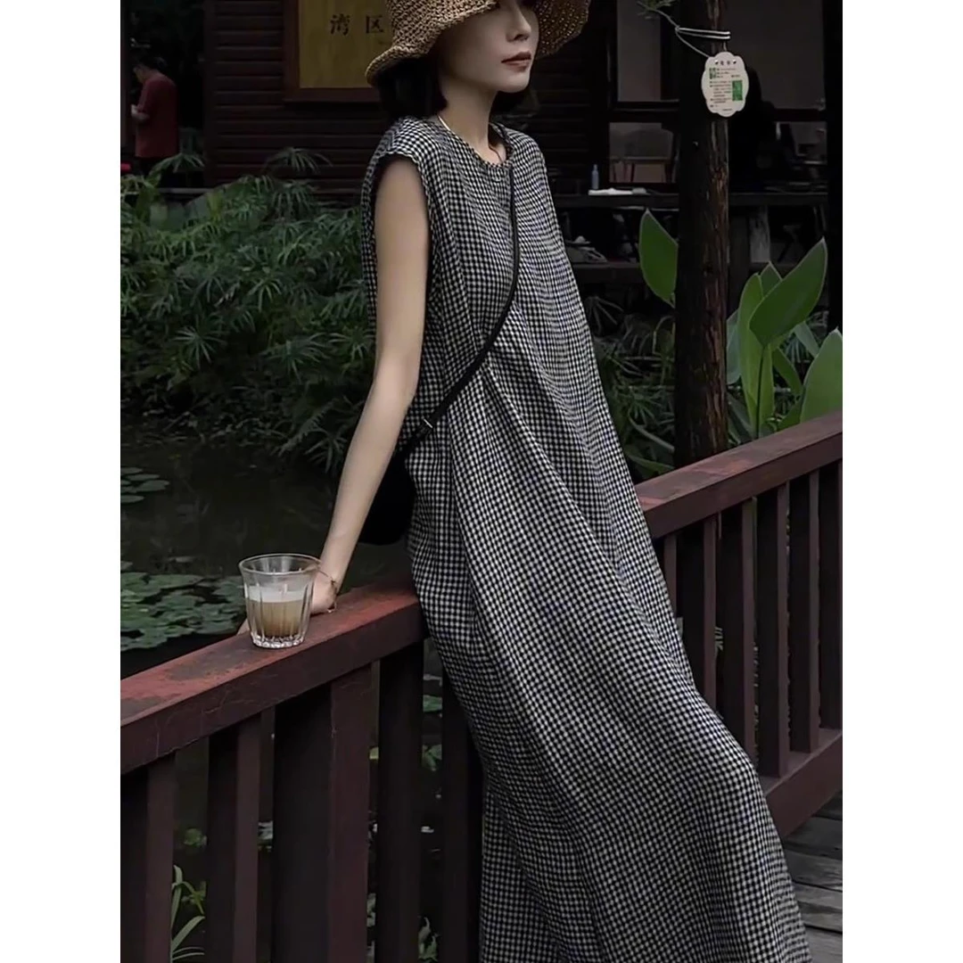 哥弟阿玛施正品中长款日系慵懒感黑白格子A字背心裙女春夏新款简