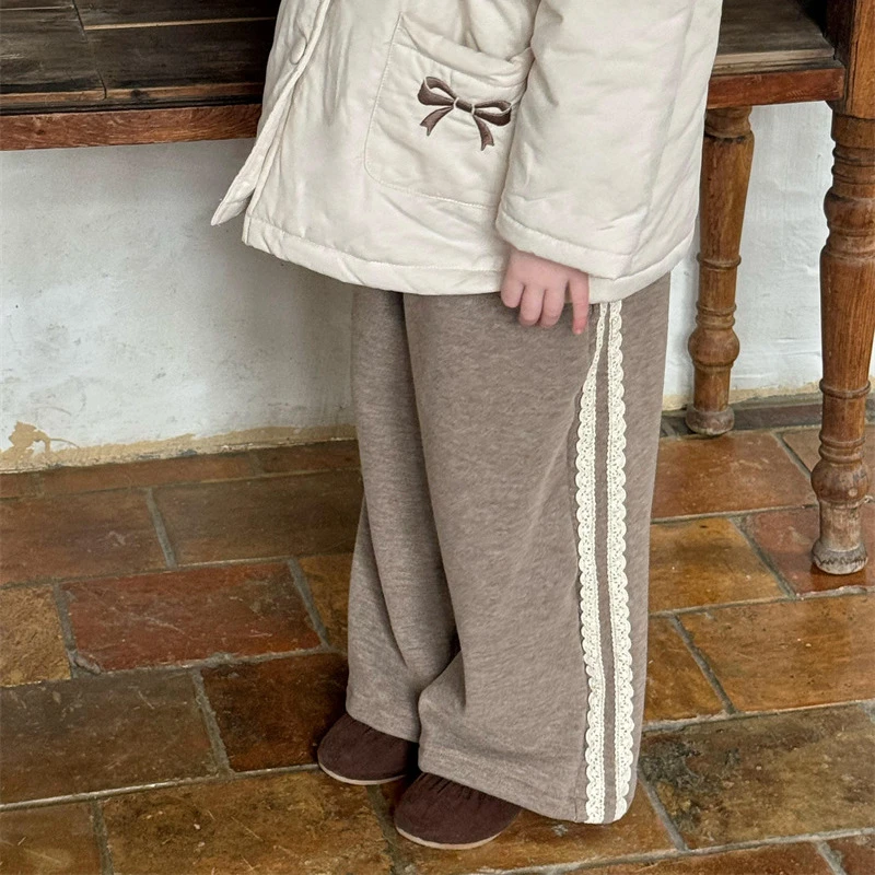 橙乐24冬季 韩版儿童花边加绒高腰卫裤 女童百搭加厚休闲长裤