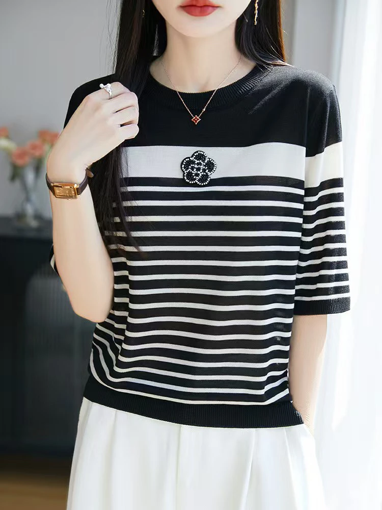 （100莱赛尔天丝）山茶花夏季女士条纹针织