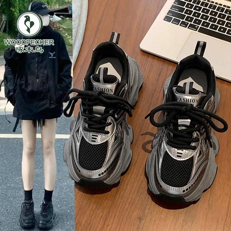 啄木鸟老爹鞋女2025春夏新款厚底增高网面透气百搭轻便运动休闲鞋