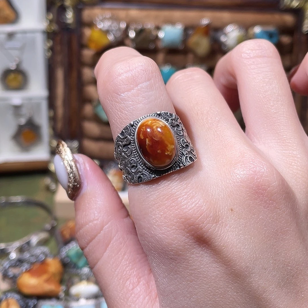 琥珀银S925镶嵌戒指