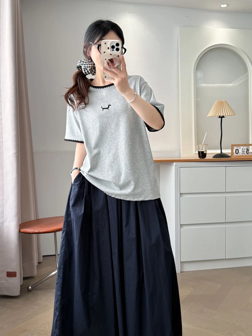 【刺绣小狗】短袖刺绣甜美风圆领T恤时尚绣花套装印花百搭复古宽