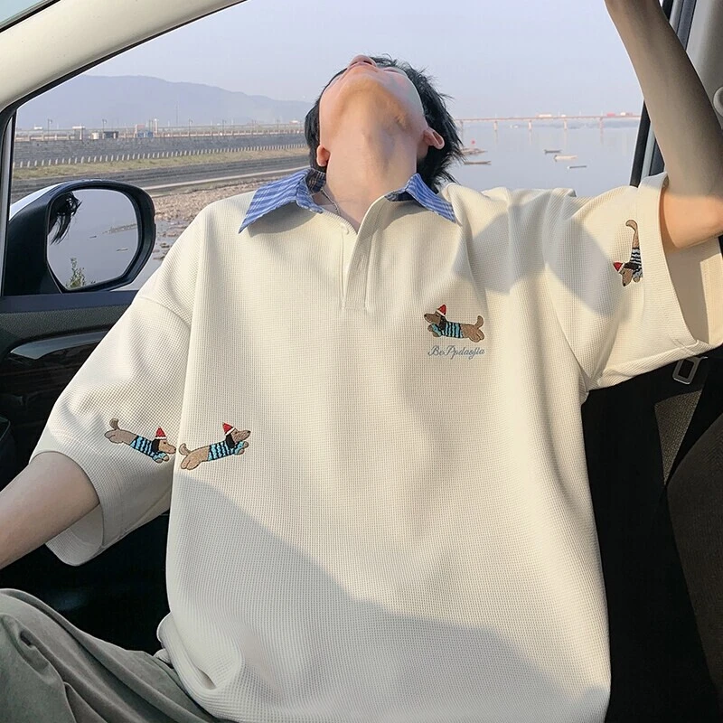 美式小狗刺绣t恤男士夏季假两件拼接polo衫短袖宽松设计感半截袖
