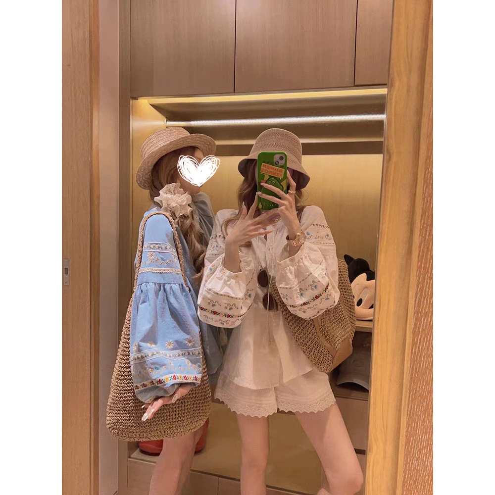 重工花朵刺绣圆领娃娃衫高腰花边阔腿短裤夏季时尚套装