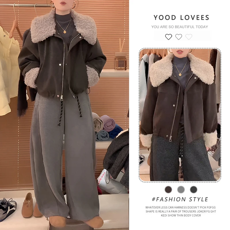欧货时尚休闲套装女冬季2025新款时尚百搭外套直筒阔腿裤两件套