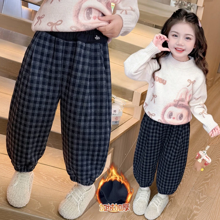 女童裤子秋冬款宝宝加绒休闲外穿长裤2025新款儿童女孩格子束脚裤