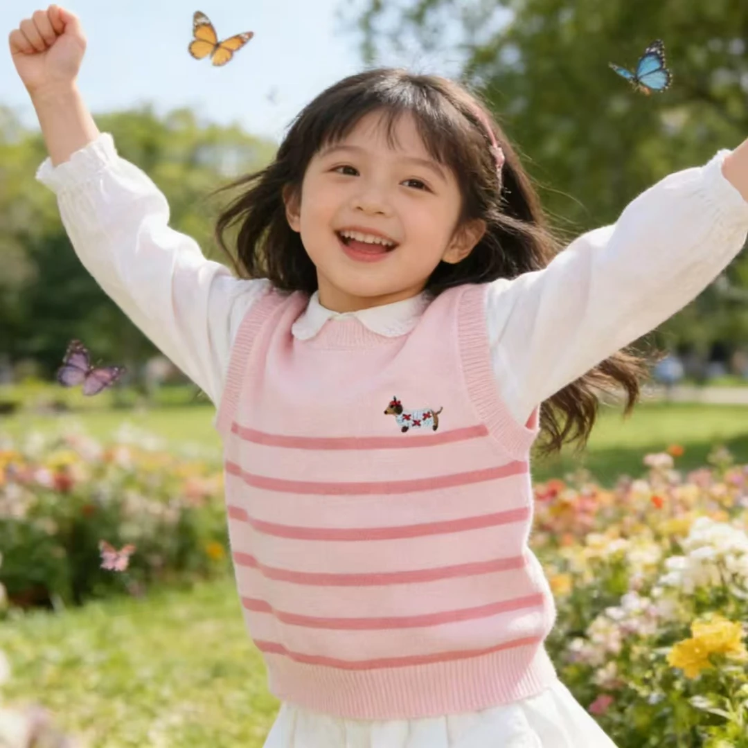 【天然棉】90%棉儿童秋季新款长袖针织衫女童套头马甲毛衣精致外套