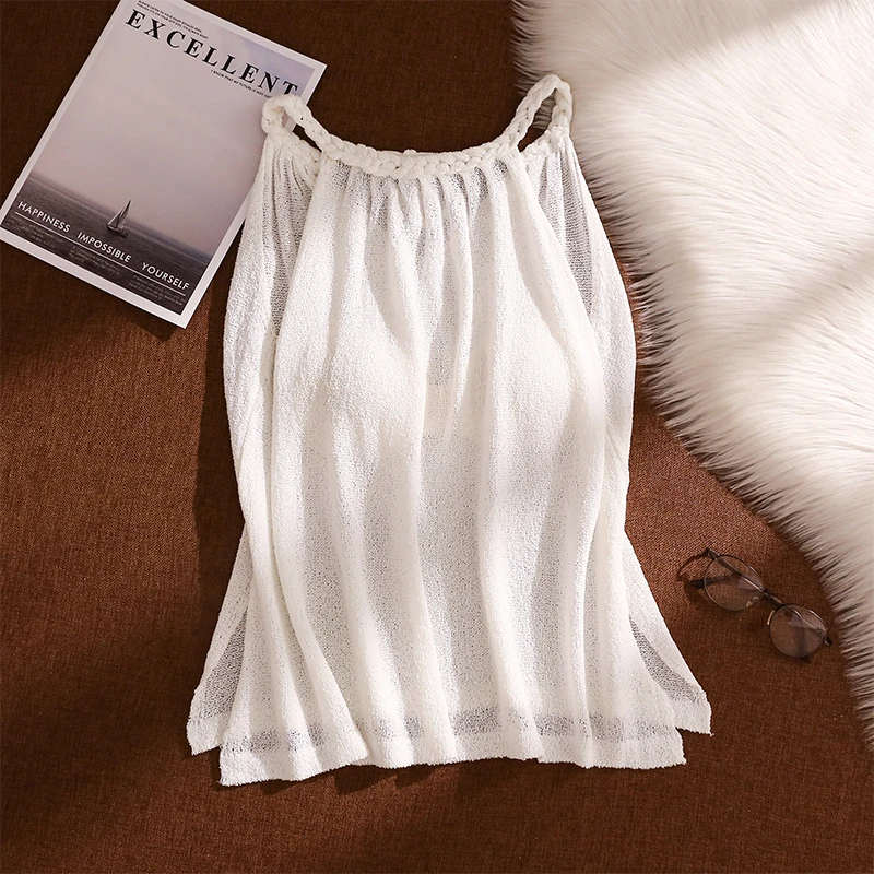 法式气质编织无袖挂脖针织背心女夏季肌理感百搭洋气系带小衫上衣