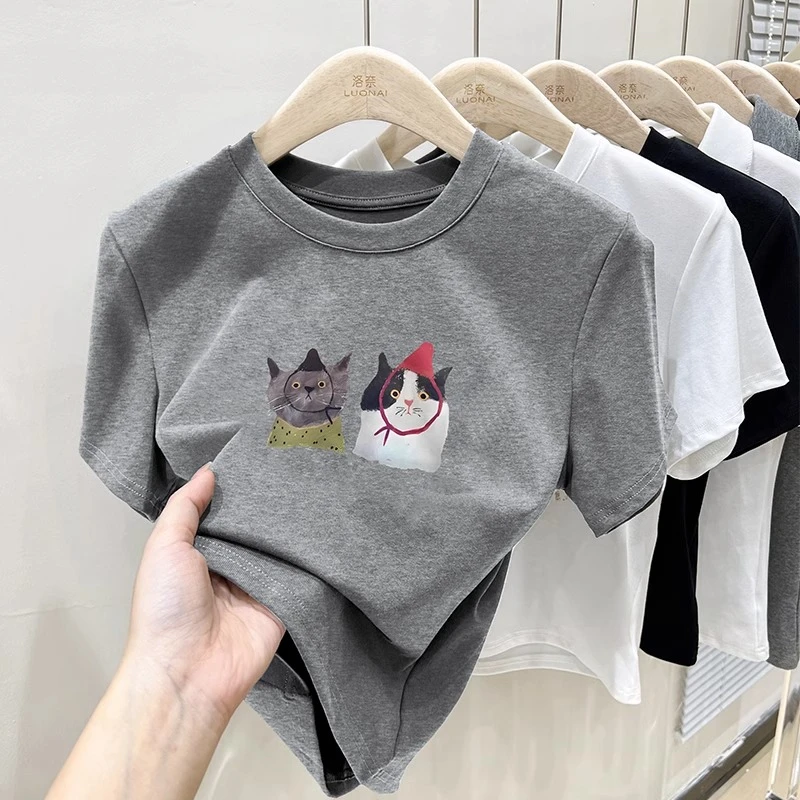 猫咪印花短款圆领正肩短袖t恤女夏季2025新款设计感修身短款上衣