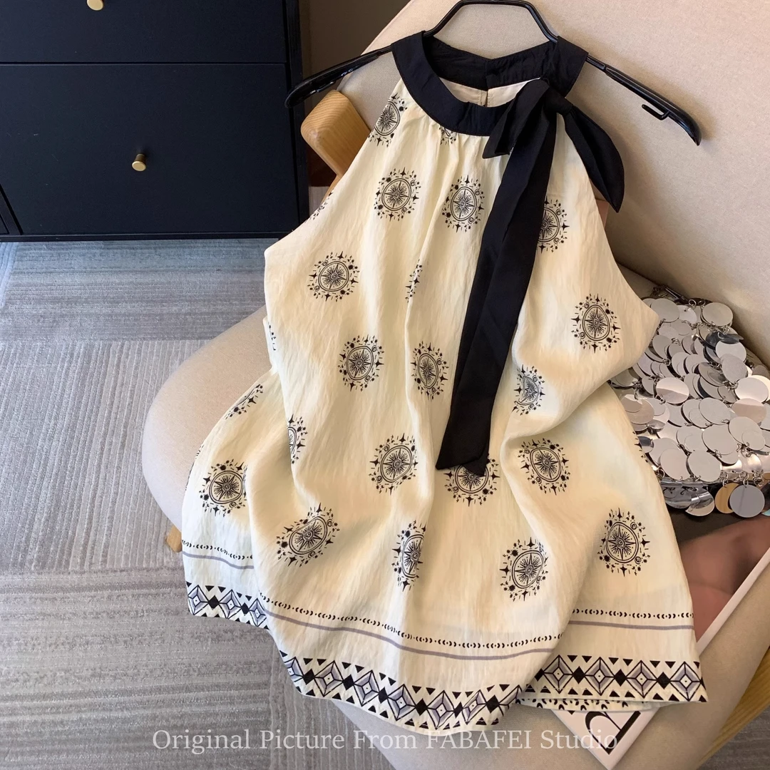 波西米亚复古印花挂脖背心女2025夏季蝴蝶结绑带气质设计感小上衣