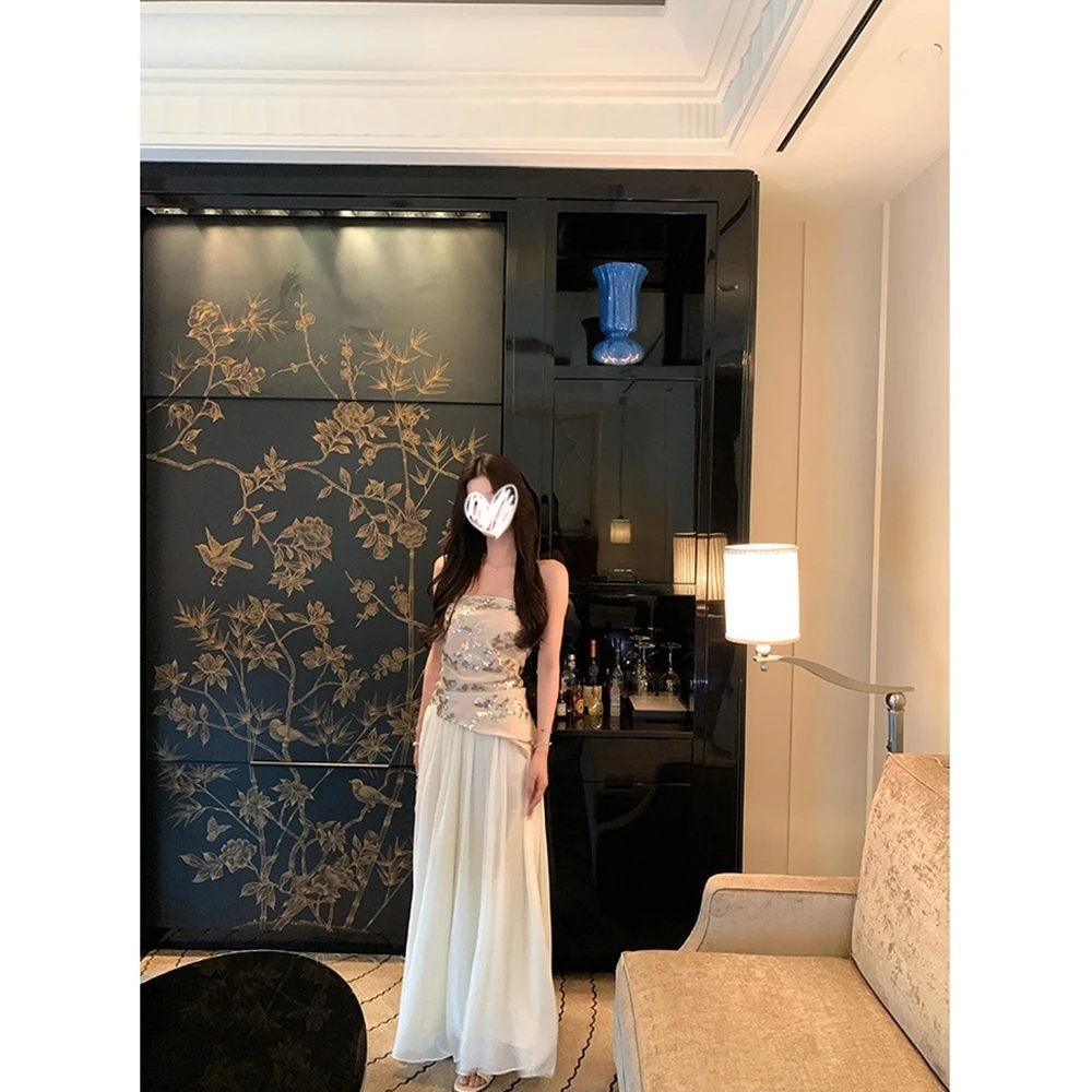 【自成焦点】蝴蝶亮片抹胸上衣女纯欲气质网纱半身裙两件套21867#