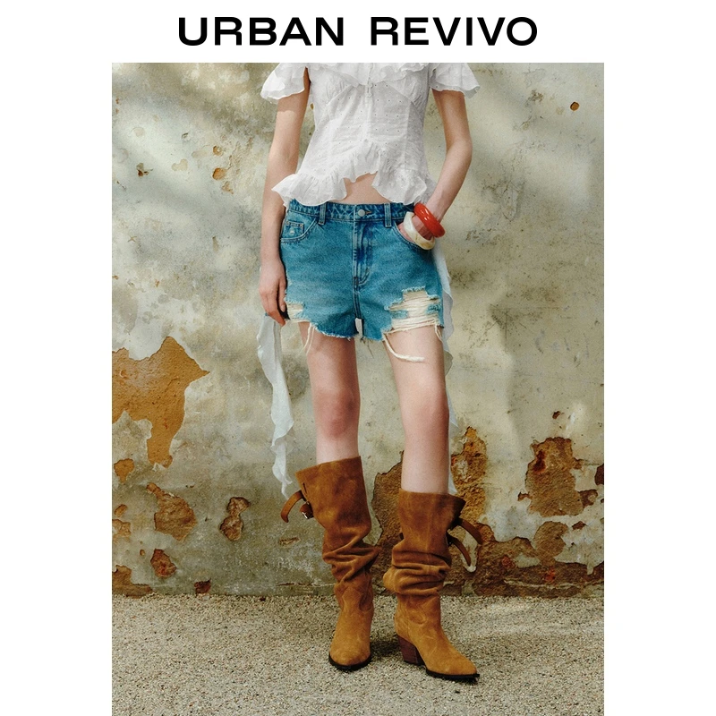 UR2025夏季新款女装复古休闲磨破毛须牛仔短裤UWH850070