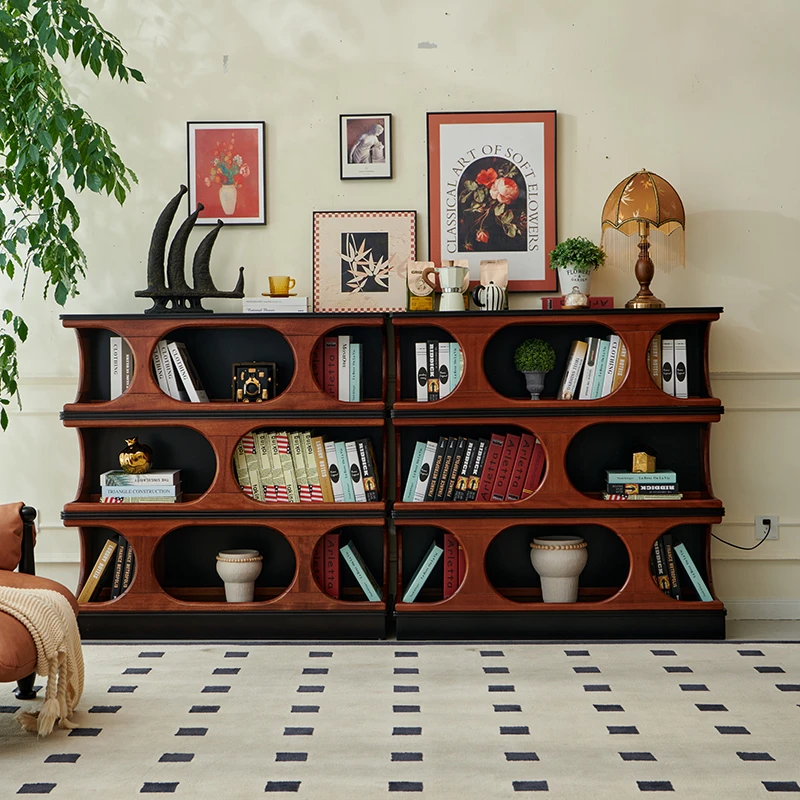 法式中古风书柜客厅展示柜靠墙实木一体储物柜中古玄关MD6185#