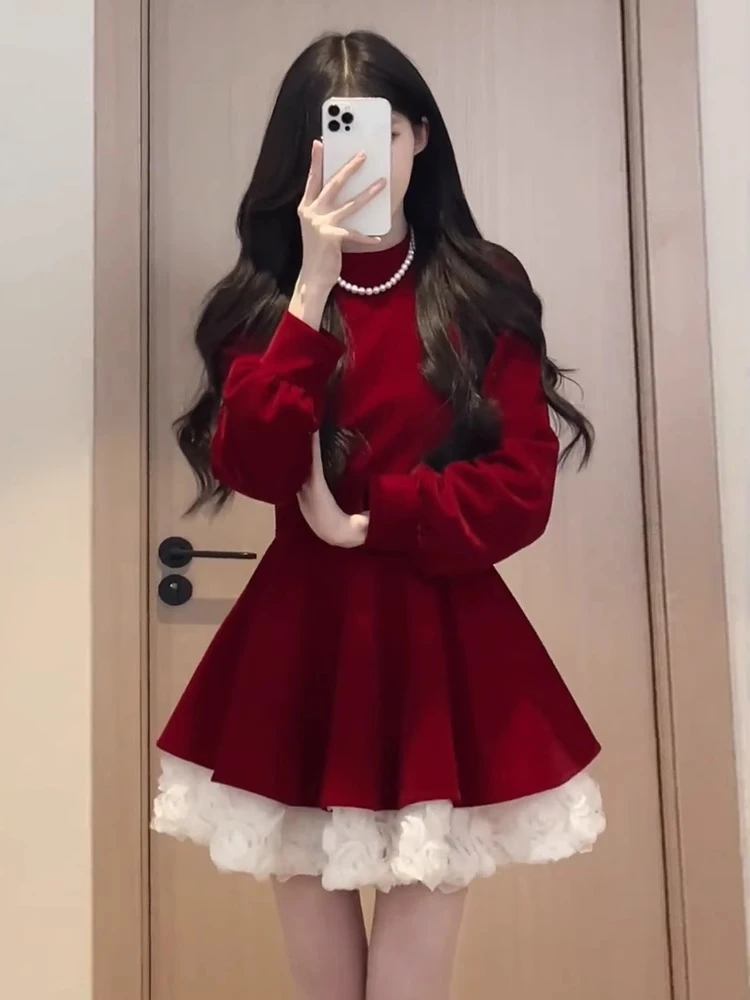 【法式穿搭】气质花边拼接立领长袖丝绒连衣裙女冬新款修身A字短裙