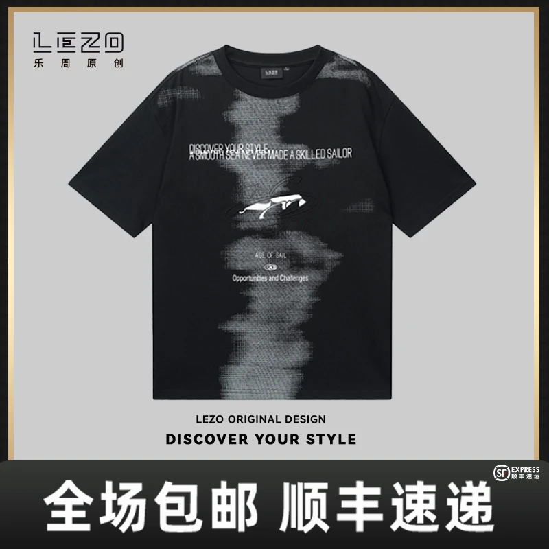 LEZO乐周原创 夏季男印花短袖圆领T恤微落肩版 925201459黑色