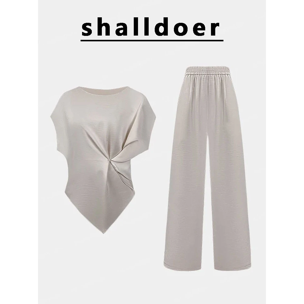 2025年夏季新款圆领不规则设计短袖高腰休闲阔腿裤运动套装女