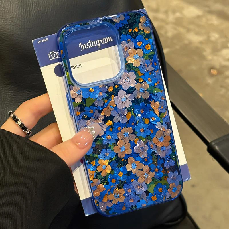 ZMGX满屏金蓝花朵适用iPhone16/15promax手机壳苹果13高透蓝12套