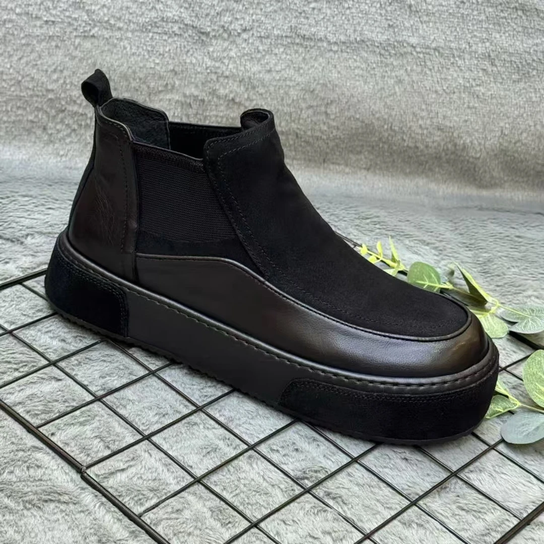 D99秋冬季加绒保暖圆头一脚蹬男士休闲短靴厚底防滑时尚百搭潮流