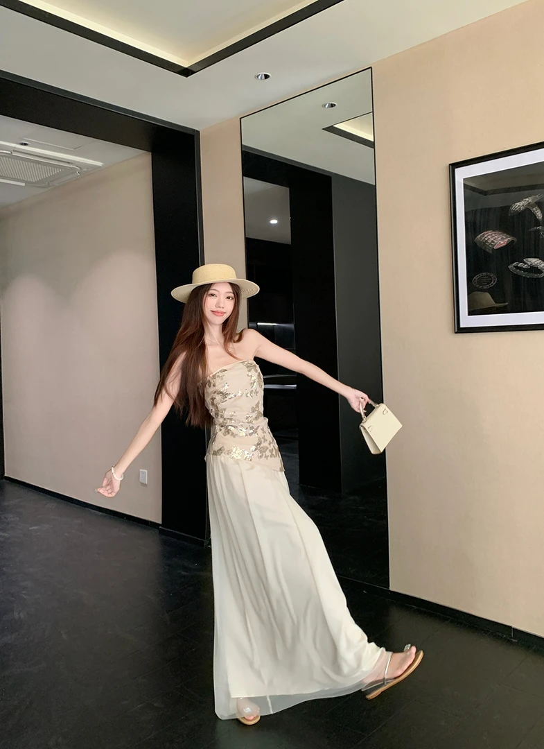 自成焦点性感蝴蝶亮片抹胸上衣女纯欲风气质网纱半身裙辣妹两件套