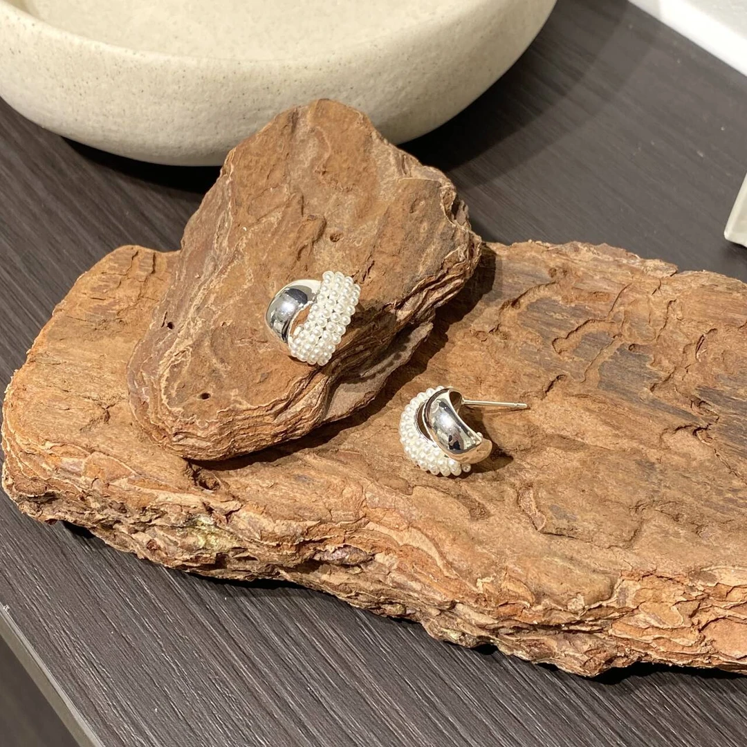 铜合金仿珍珠耳饰 金属气质弧形珠珠耳环0187