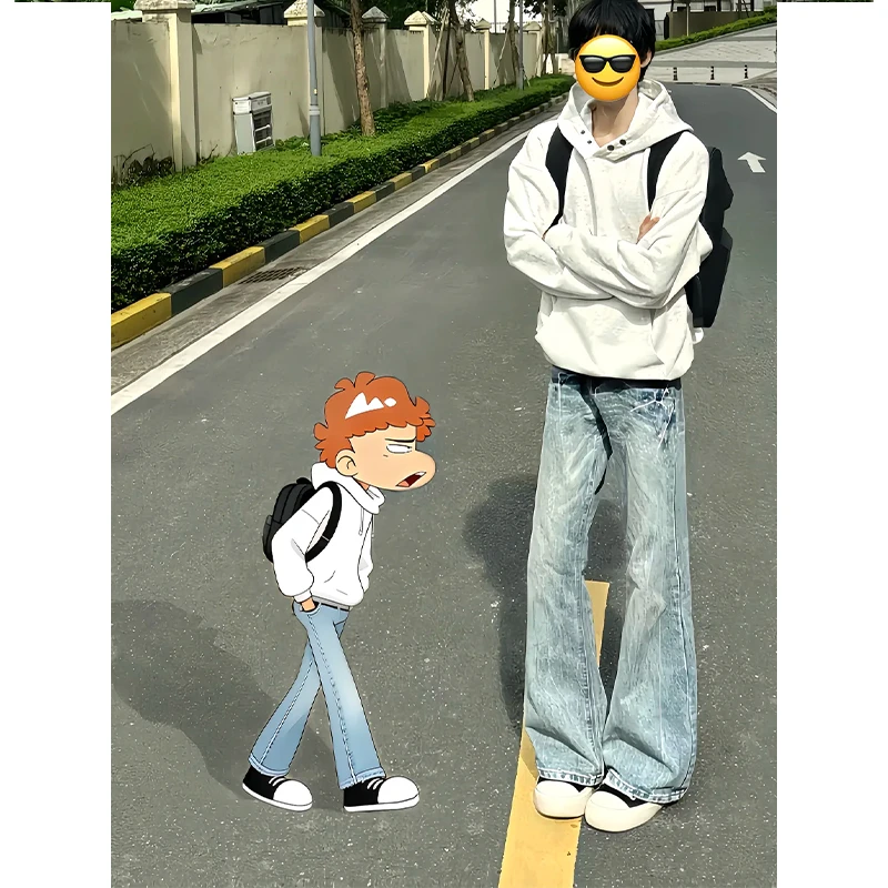 蓝色水洗竹节纹牛仔裤男秋季美式高街vibe裤子垂感宽松微喇直筒裤
