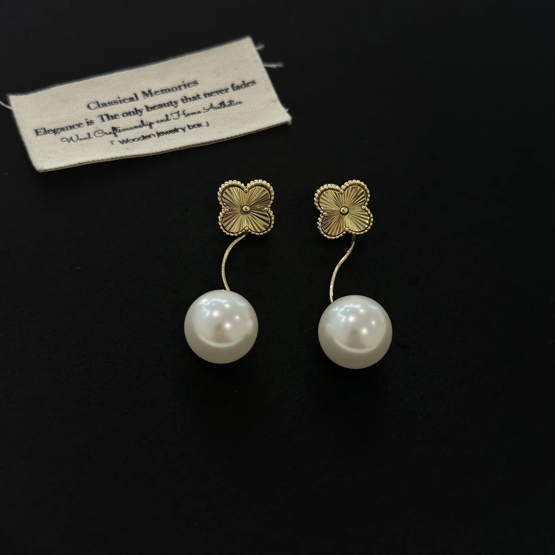 铜合金仿珍珠耳饰 四叶花珠珠两戴耳环641