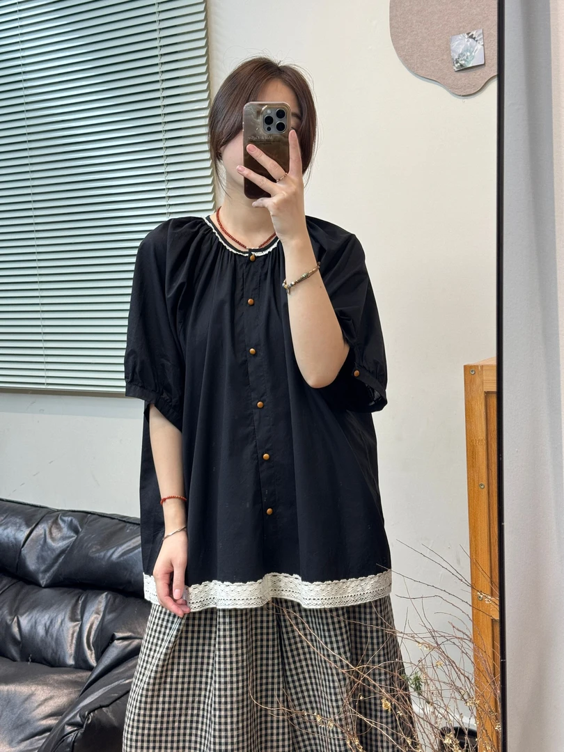 日系复古蕾丝拼接短袖衬衫女2025夏装新款气质A字娃娃显瘦小衫女