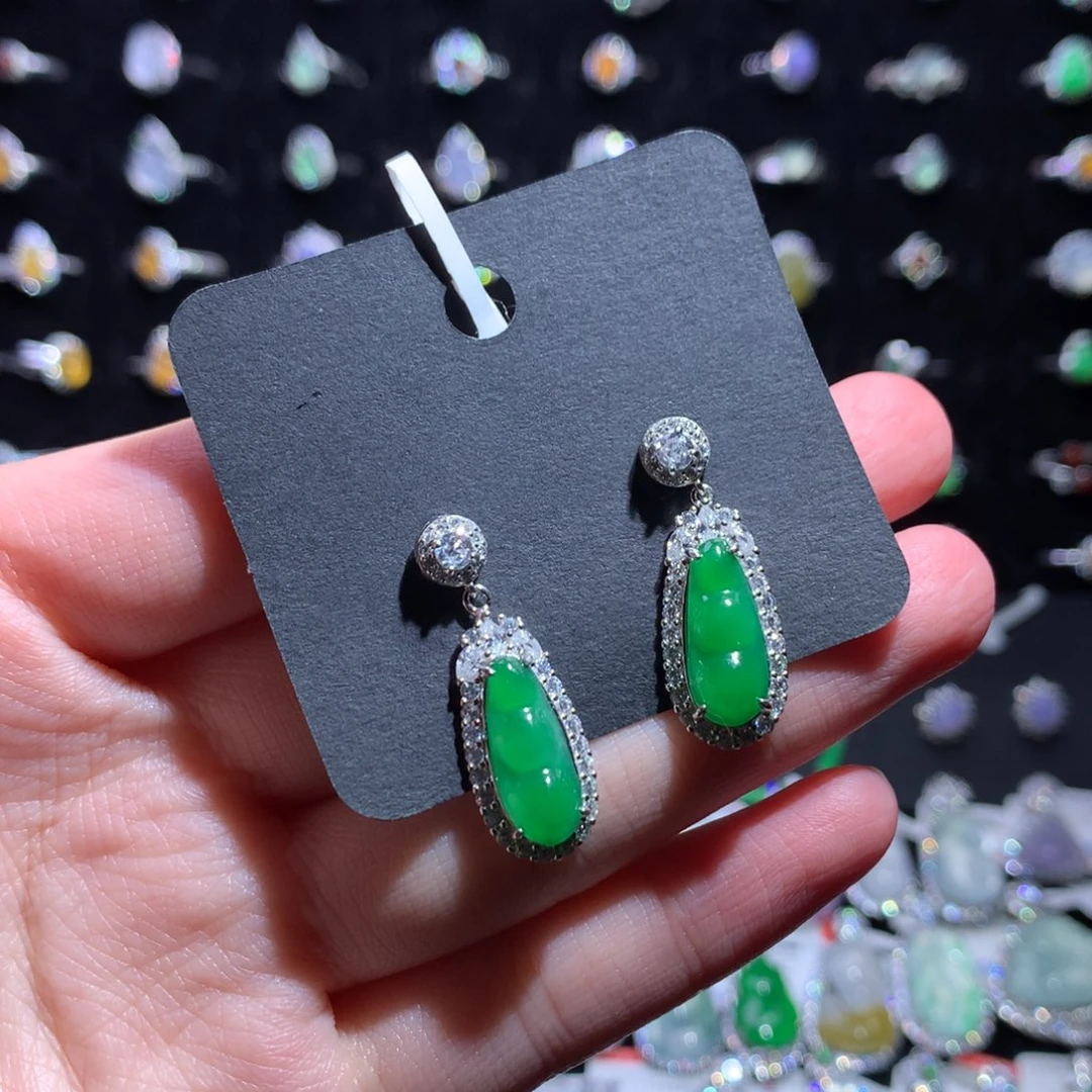 翡翠耳饰银S925镶嵌天然翡翠