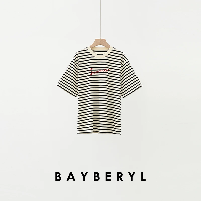 BAYBERYL老贝summer字母条纹拼色休闲圆领夏短袖T恤NT5F0256-6/22