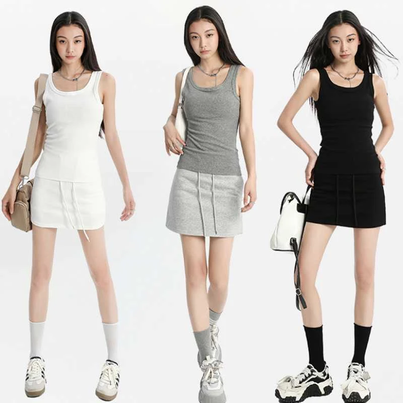 0辣妹复古纯色基础背心无袖吊带百搭弹力修身显瘦小罗纹棉背