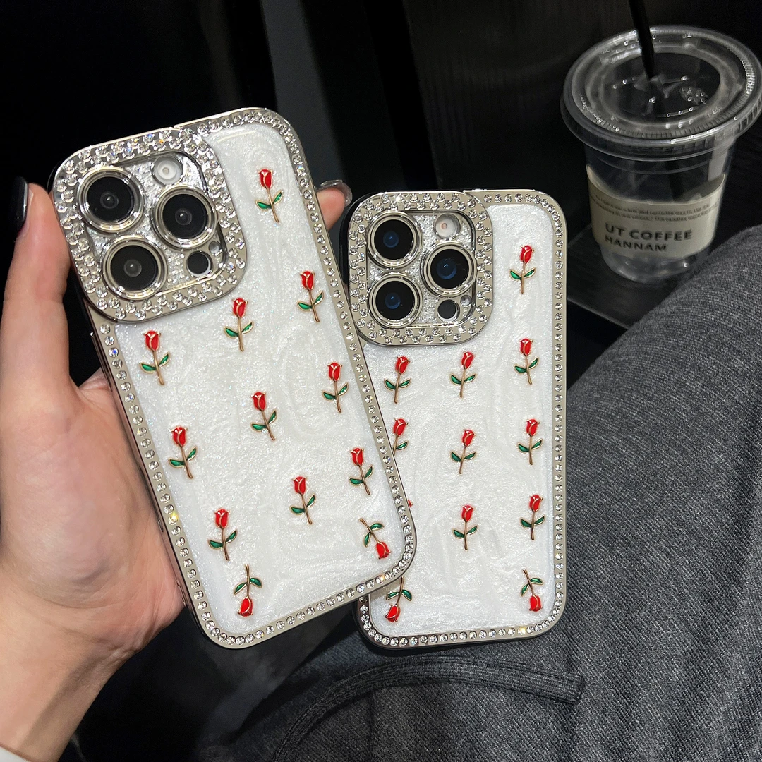 适用iPone15PorMax电镀满钻滴胶手机壳苹果16满屏玫瑰花14/13防摔
