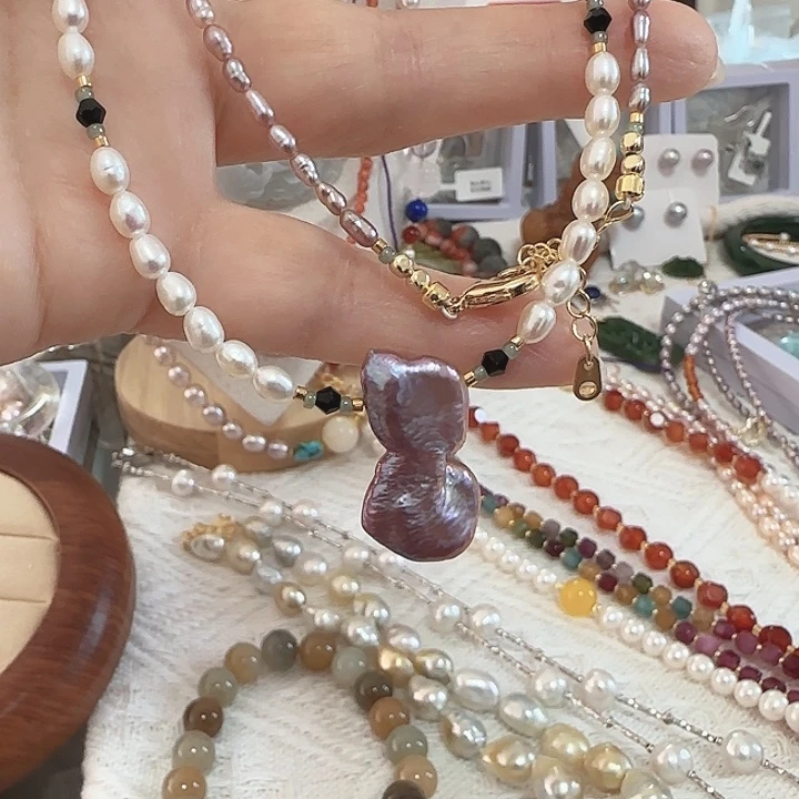 淡水珍珠未镶嵌颈饰无核米珠加花瓣古风设计天然纹