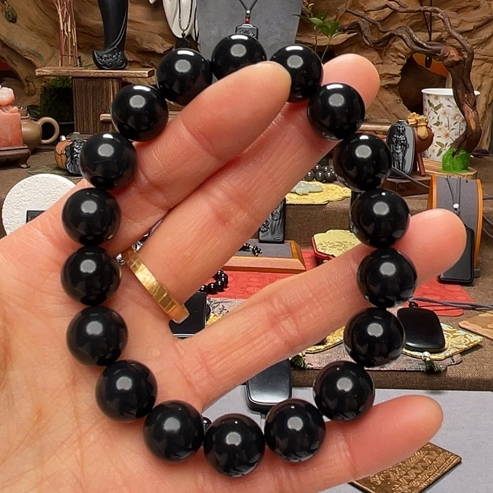 和田玉（墨玉）未镶嵌手串开门卡12圆珠