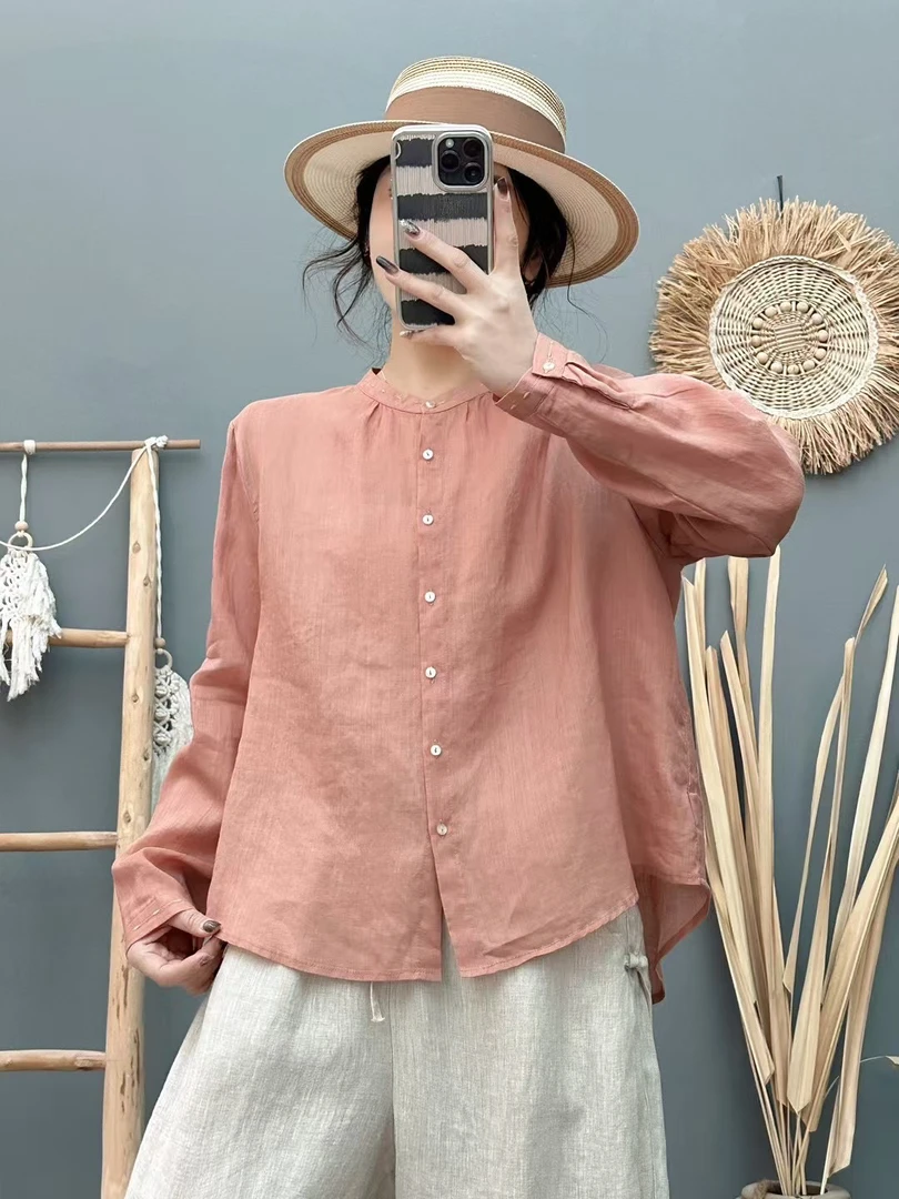 2025夏季新款轻薄透气苎麻刺绣撞色衬衫女文艺宽松百搭立领上衣